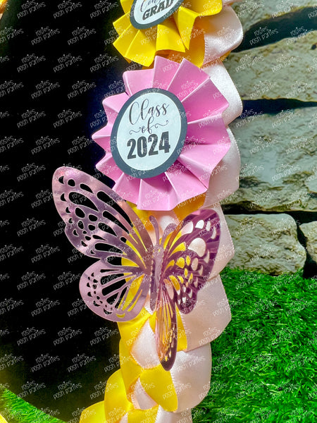 Graduation Lei | Yellow Butterfly Promotion Lei | Senior Night Gift Lei | Braided Ribbon Lei | Graduation Ribbon Lei | Graduate Lei | Promotion Lei