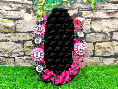 Graduation Lei | Hot Pink Butterfly Promotion Lei | Senior Night Gift Lei | Braided Ribbon Lei | Graduation Ribbon Lei | Graduate Lei | Promotion Lei