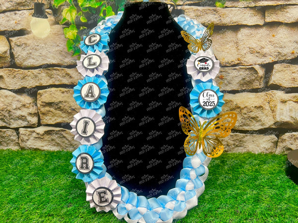 Graduation Lei | Blue Butterfly Promotion Lei | Senior Night Gift Lei | Braided Ribbon Lei | Graduation Ribbon Lei | Graduate Lei | Promotion Lei