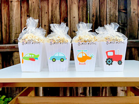 Transportation Birthday Theme | Transportation Favors | Popcorn Bin Favors | Transportation Favors Truck Helicopter Airplane Car SET OF 12